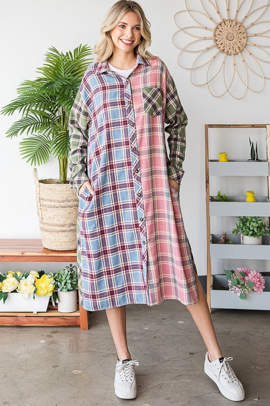 WASHED PLAID MIX BUTTON DOWN LONGLINE SHIRTS