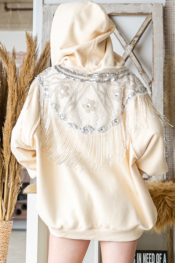 SILVER SEQUIN FRINGED DETAIL HOODED JACKET