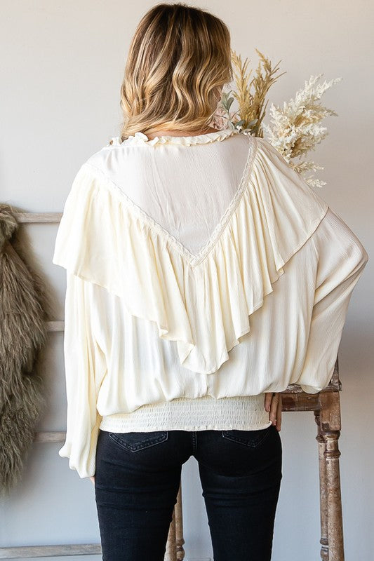 WASHED RUFFLE DETAIL WASHED SMOCKED HEM TOP