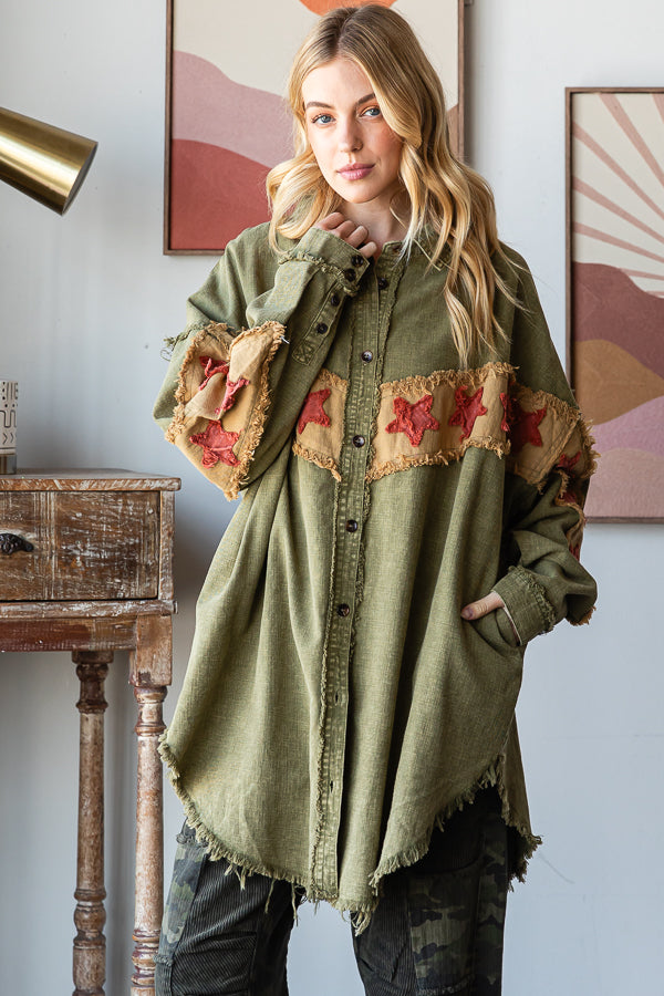 WASHED STAR PATCHWORK BUTTON DOWN SHACKET