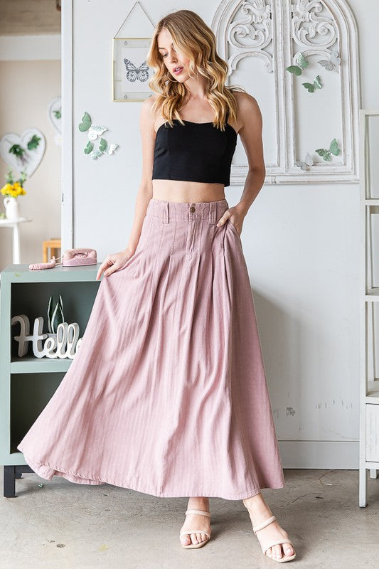 WASHED PLEATED DETAIL FLARE HEM MAXI SKIRT