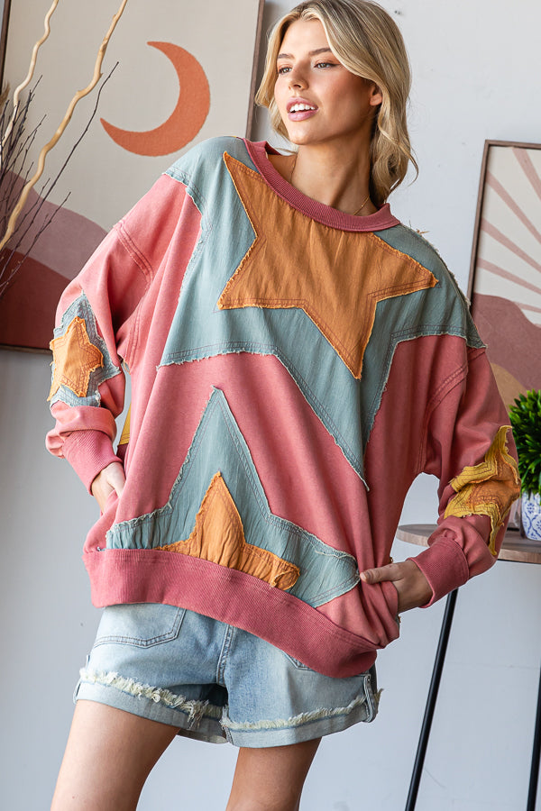 MINERAL WASHED STAR PATCHWORK PULLOVER TOP
