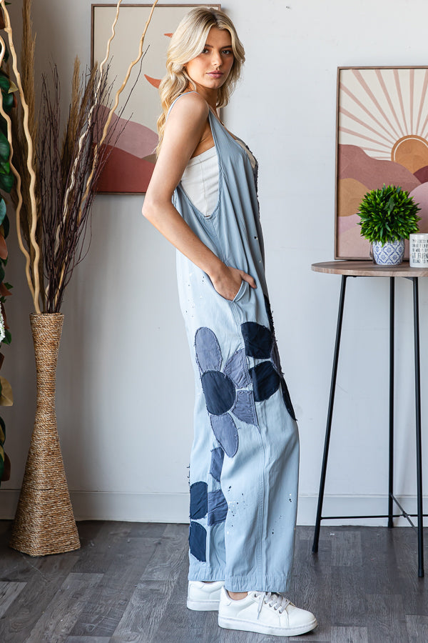 WASHED BIG FLOWER PATCHWORK OVERALL