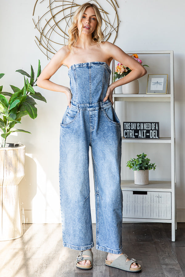 WASHED STRETCH DENIM OVERALLS