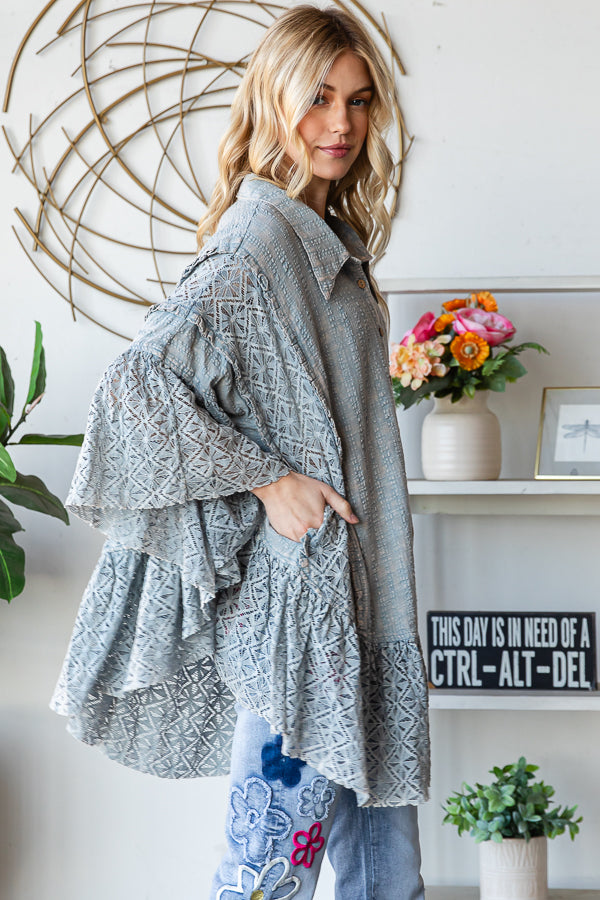 WASHED LACE RUFFLE HEM BUTTON FRONT SHIRT