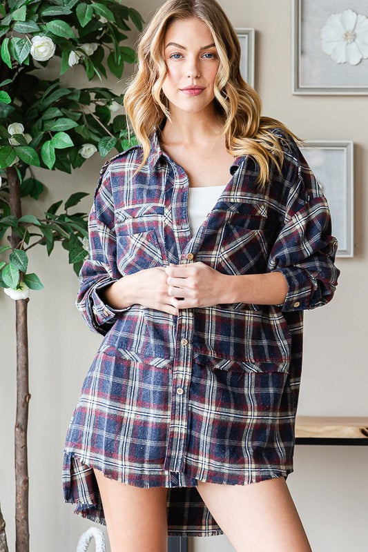 WASHED HI LOW HEM POCKETS PLAID SHIRT