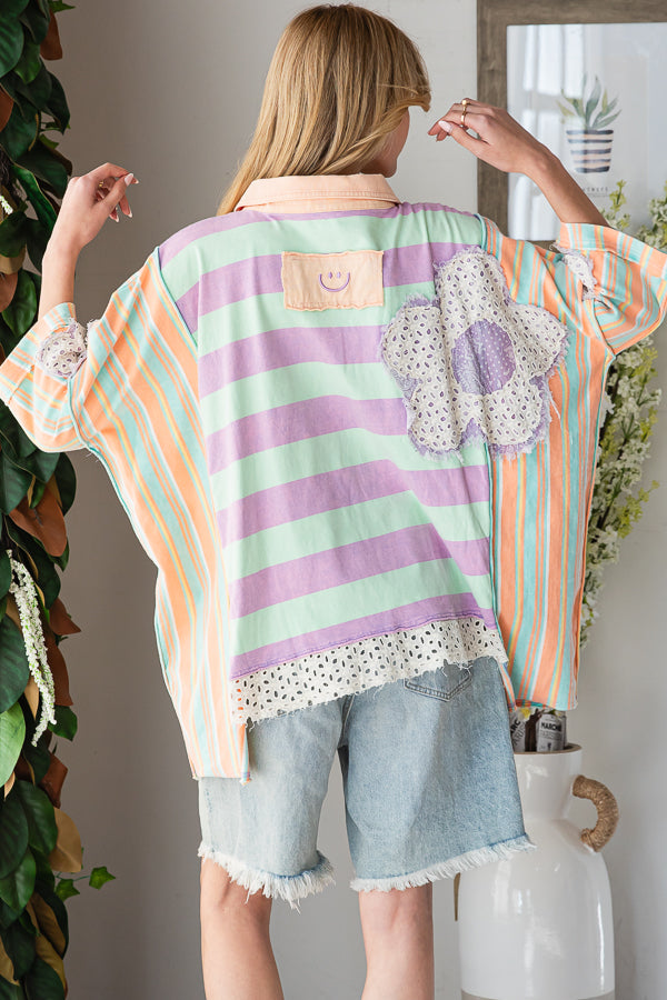 FLOWER PATCHWORK MULTICOLOR STRIPED TOP