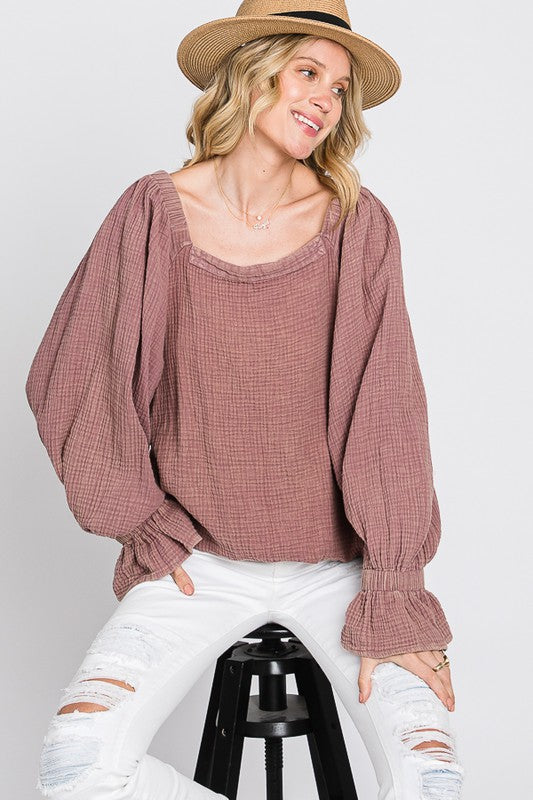 WASHED FLARE CUFFS OPEN BACK DETAIL GAUZE BLOUSE