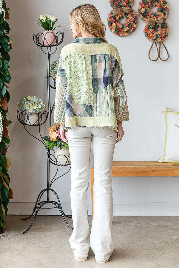 WASHED MIX MEDIA BUTTON DOWN LONG SLEEVE SHIRT