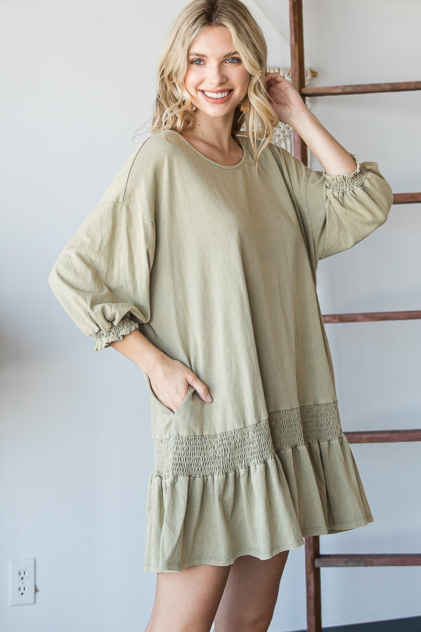 WASHED SMOCK DETAIL FLARE HEM OPEN BACK DRESS