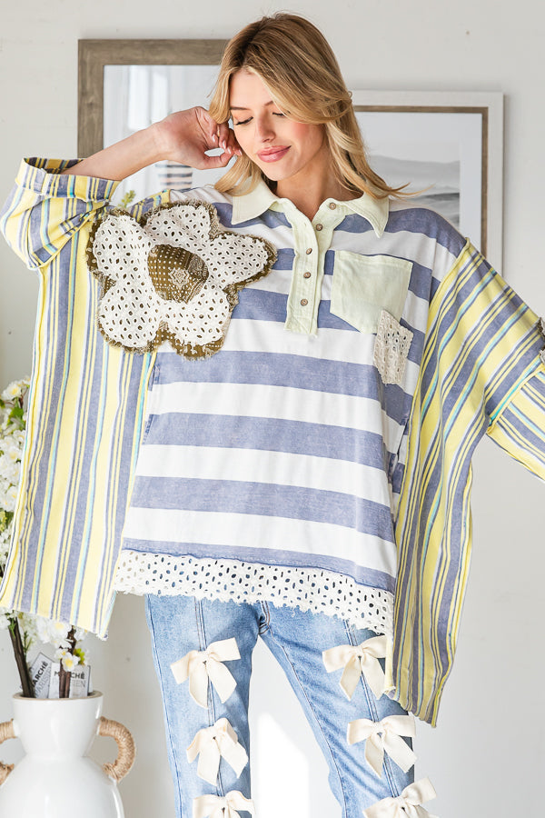 FLOWER PATCHWORK MULTICOLOR STRIPED TOP