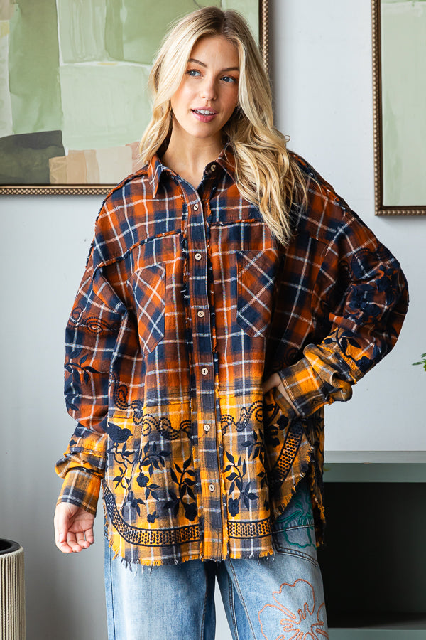 MINERAL WASHED PLAID EMBROIDERED DETAIL SHIRT