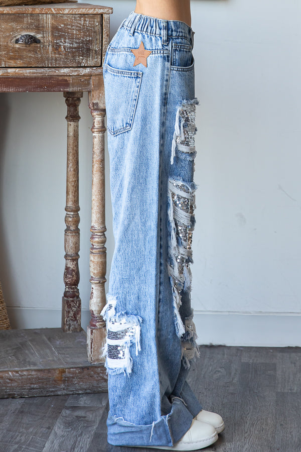 WASHED DISTRESSED SEQUENCE DENIM JEANS