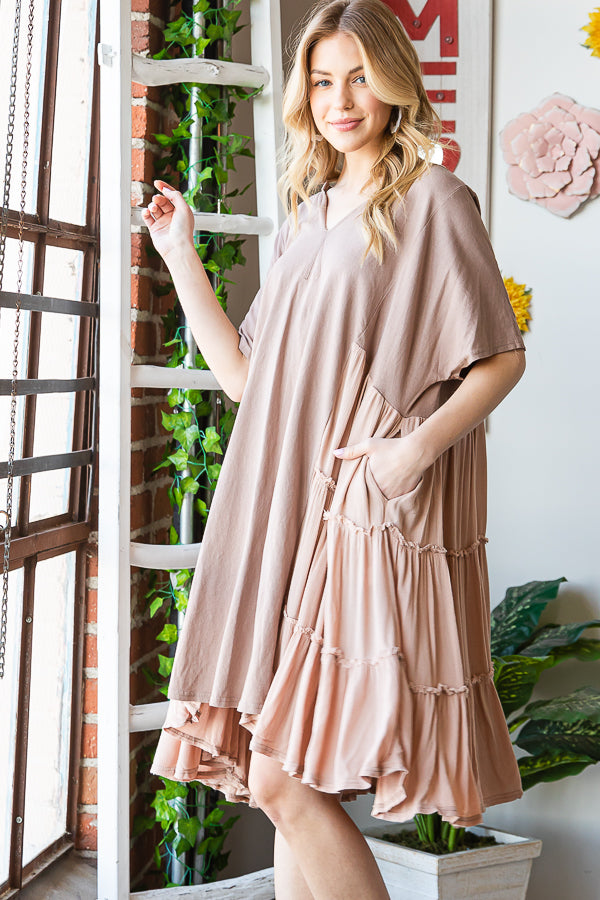 WASHED MIX MEDIA V NECK TIERED HEM FLARE DRESS