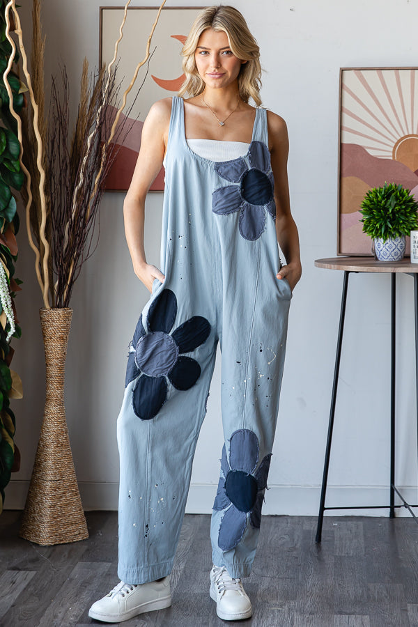 WASHED BIG FLOWER PATCHWORK OVERALL