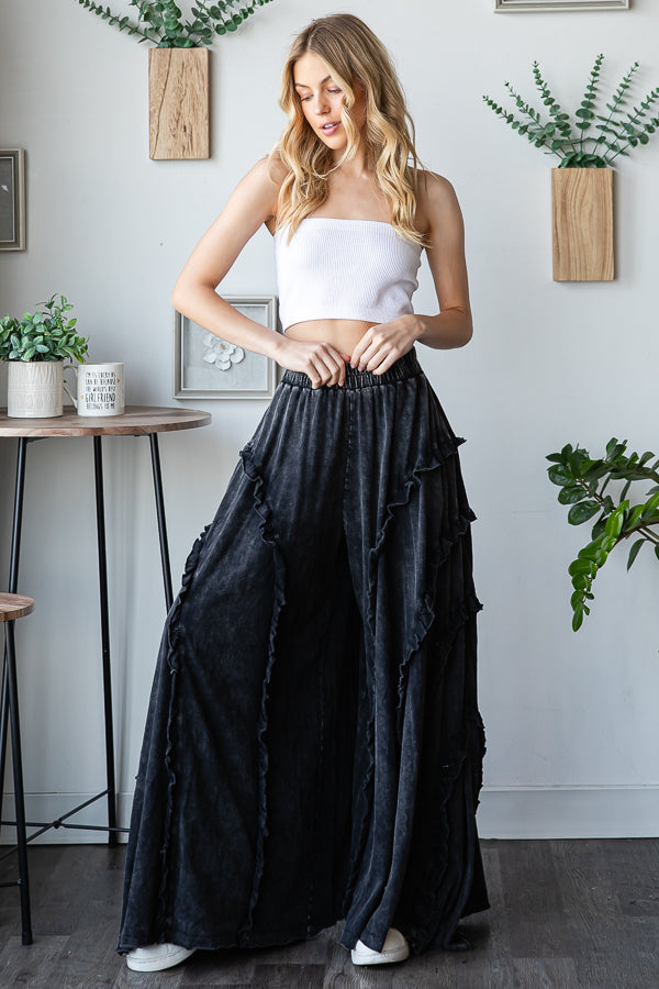 RUFFLE DETAIL WIDE LEG FLARE PANTS