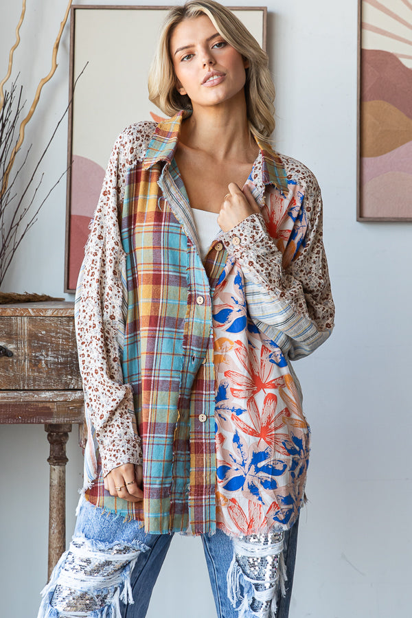 WASHED PRINT MIXED BUTTON DOWN SHIRT