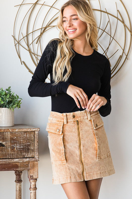 MINERAL WASHED ZIPPER DETAIL CORDUROY MINI SKIRT