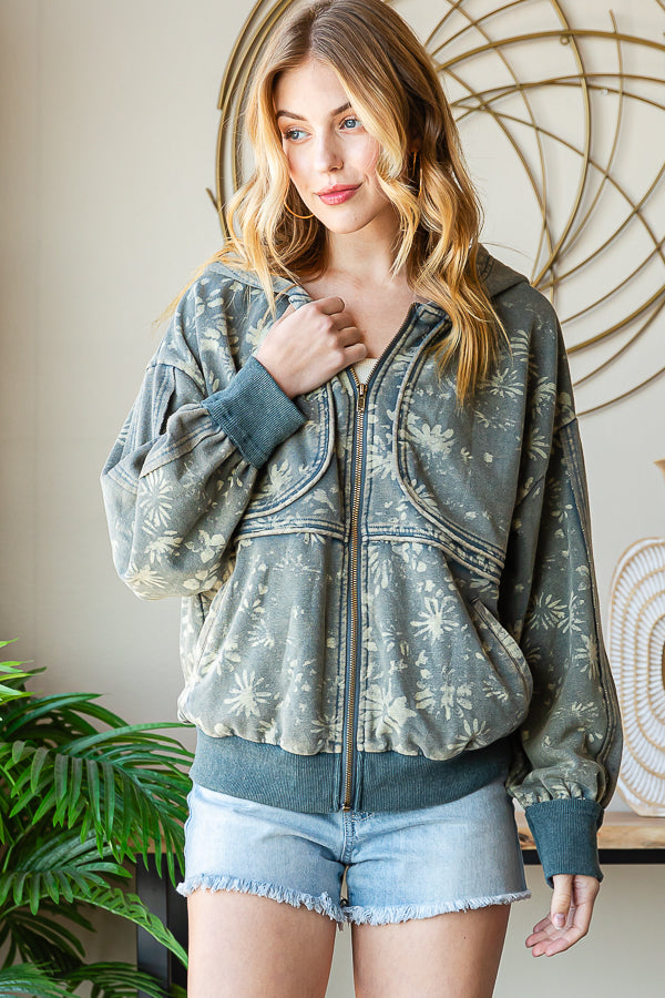 PRINTED DETAIL HOODED ZIP FRONT JACKET