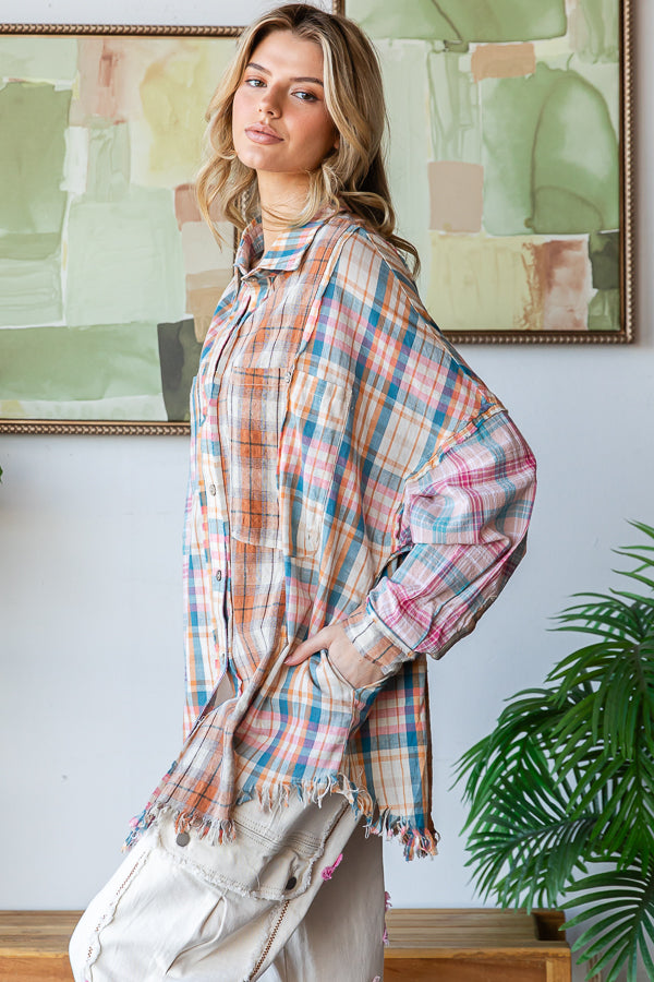 WASHED PLAID MIXED BUTTONDWON SHIRT