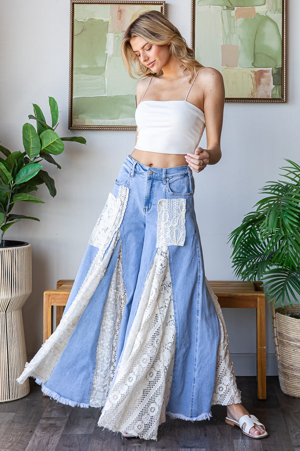 LACE INSERT DETAIL RUFFLE FLARE WIDE LEG PANTS