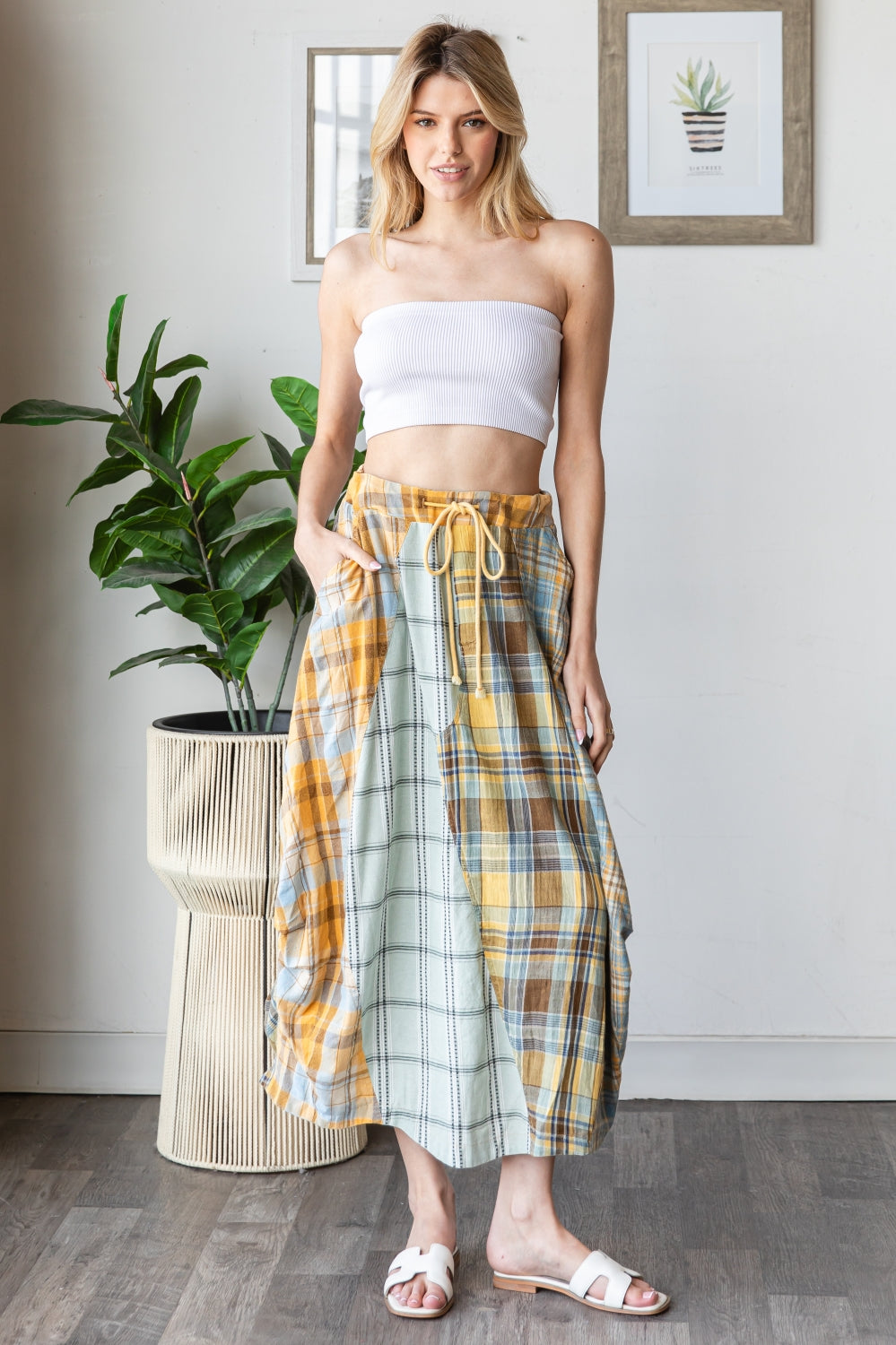 WASHED PLAID MIX MIDI BUBBLE SKIRT