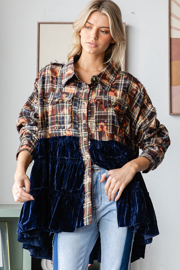 VELVET RUFFLE HEM BLEACHED LONG SLEEVE PLAID SHIRT