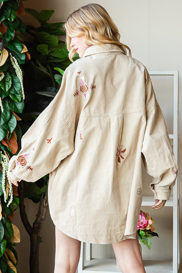 WASHED EMBROIDERED BUTTON DOWN CORDUROY SHIRT