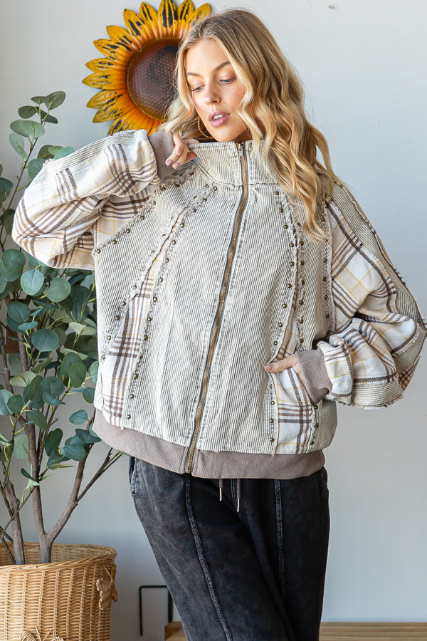 PLAID CONTRAST ZIP CLOSURE CORDUROY JACKET