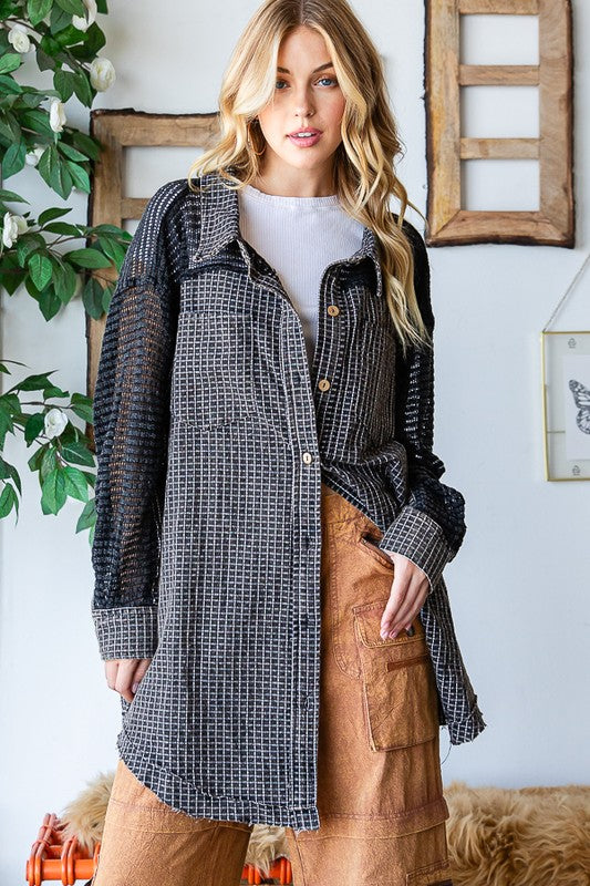 WASHED MIX MEDIA LONG SLEEVE FRAYED HEM SHIRT