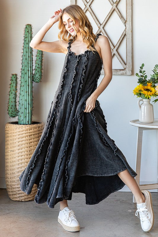 WASHED RUFFLE SEAM DETAIL TANK MIDI DRESS