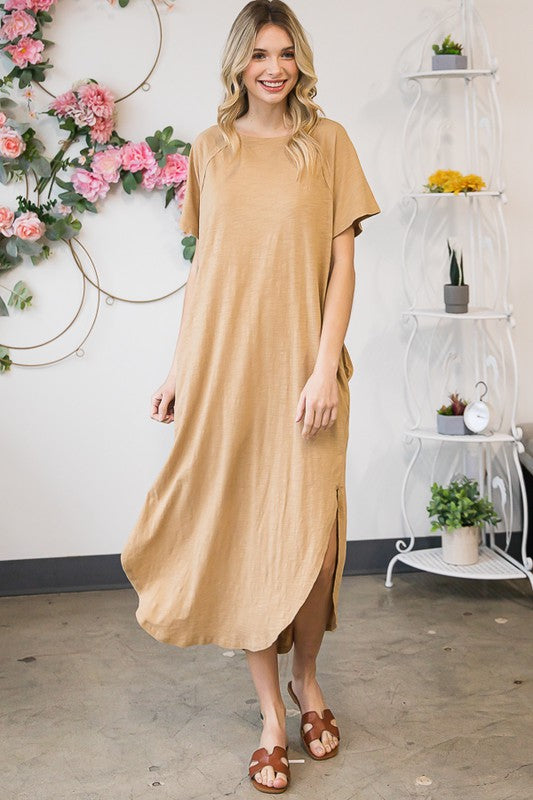 WASHED COTTON SHORT SLEEVE OVERSIZED MIDI DRESS