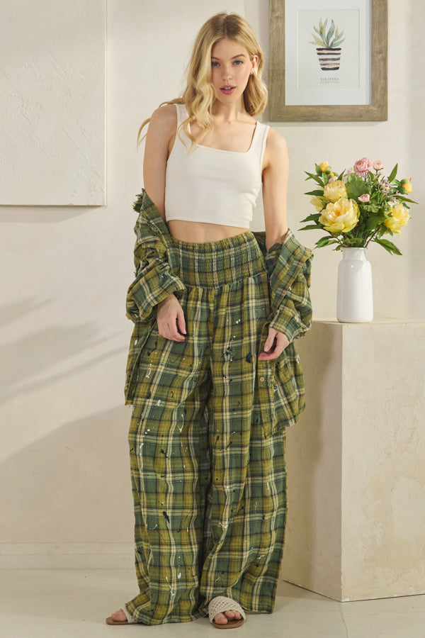 WASHED PLAID SMOCKED WAIST WIDE LEG PANTS