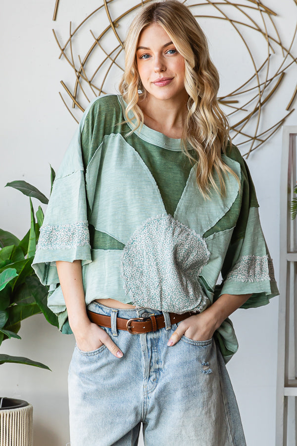 WASHED DAISY PATCHWORK OVERSIZED TOP