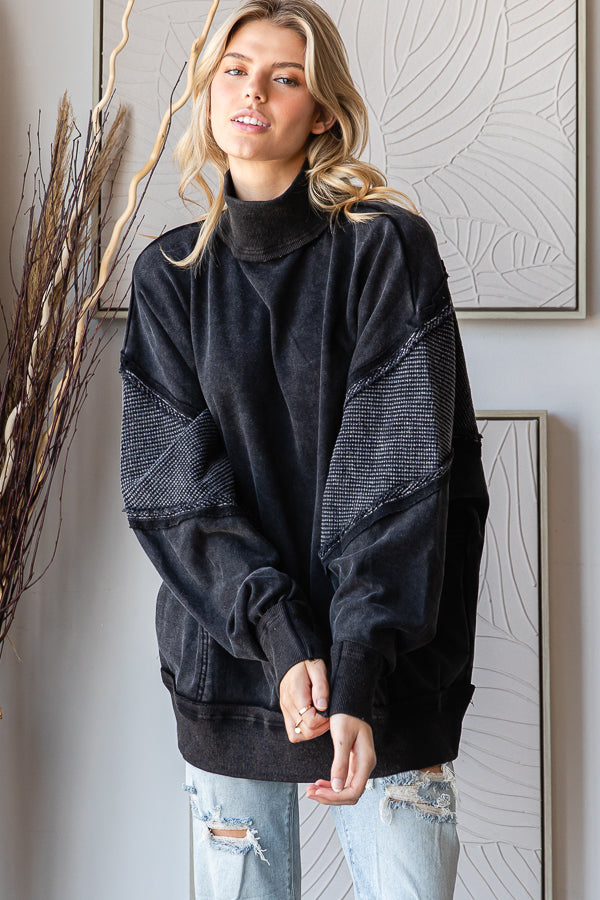 MINERAL WASHED FUNNELNECK LONG SLEEVE PULLOVER TOP