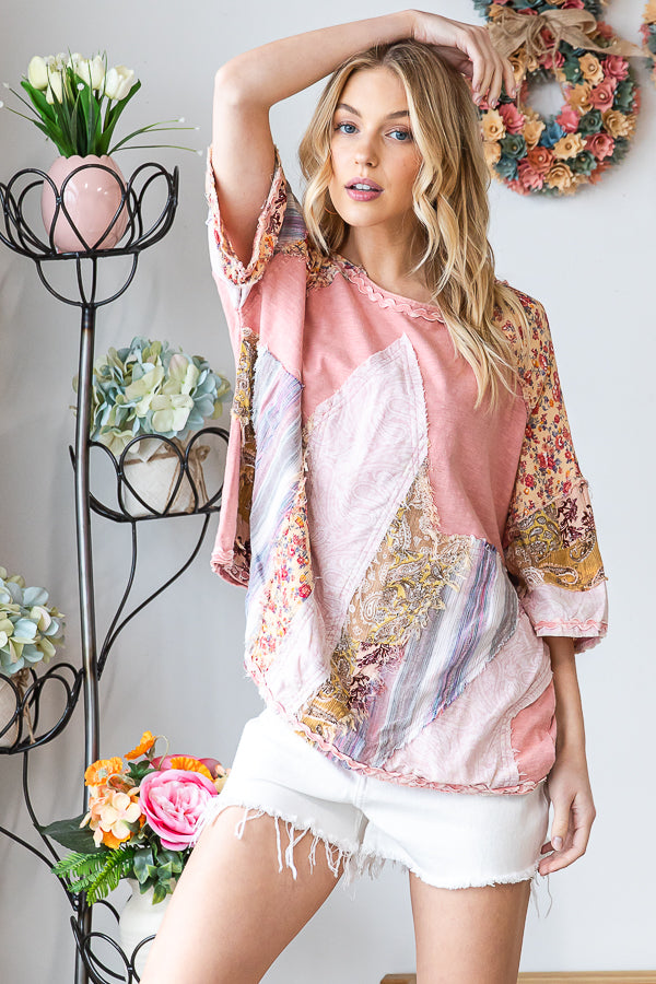 WASHED PRINT PATCHWORK SHORT SLEEVE TOP
