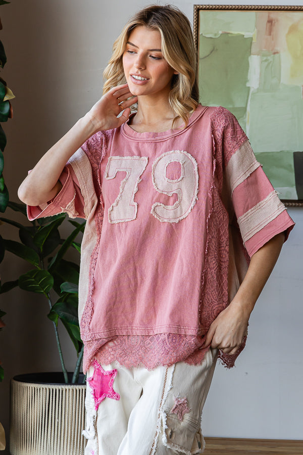 WASHED NUMBER PATCHWORK MIX MEDIA TEE
