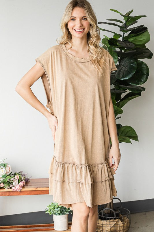 WASHED RUFFLE HEM SHORT SLEEVE TUNIC DRESS