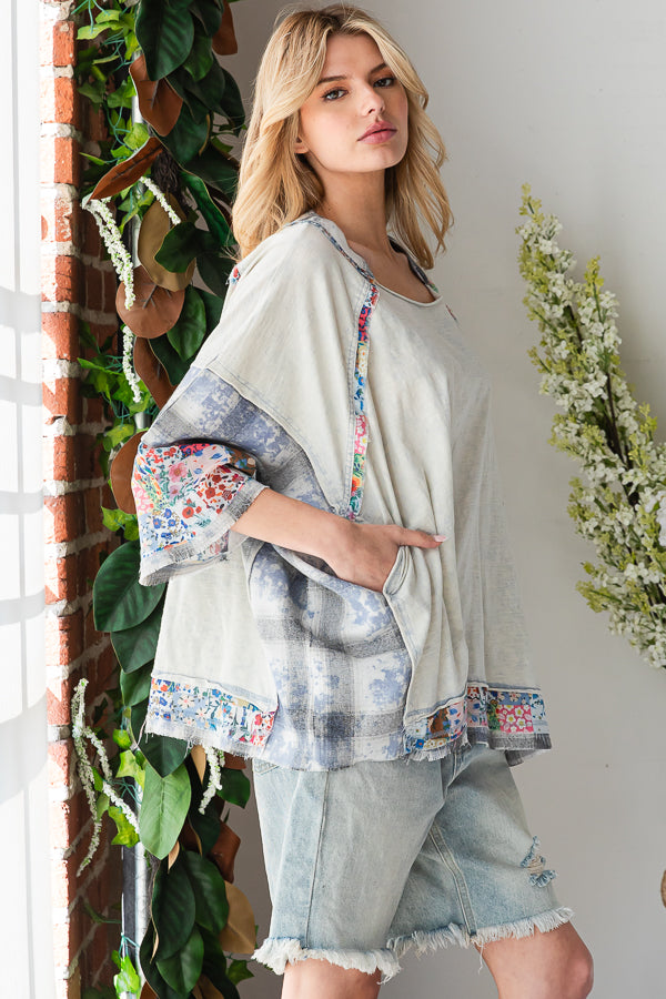WASHED MULTI PRINT PATCHWORK OVERSIZED TOP
