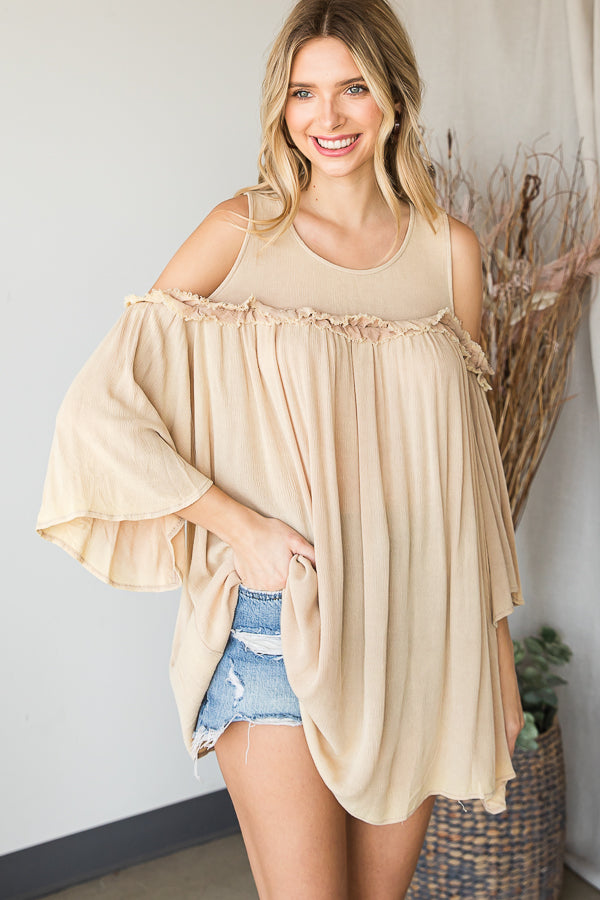 WASHED COLD SHOULDER RUFFLE DETAIL TUNIC TOP