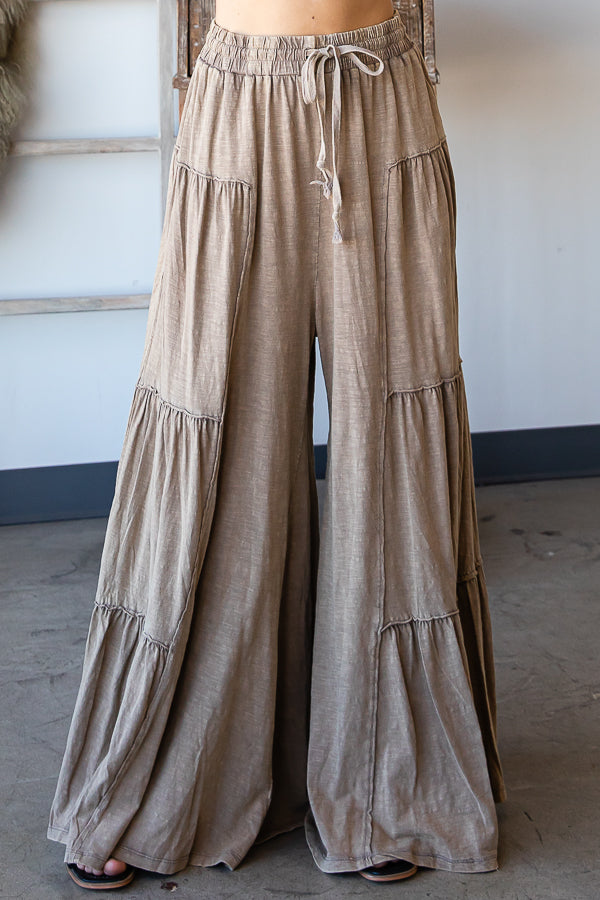 MINERAL WASHED TIERED BOHO WIDE LEG CASUAL PANTS