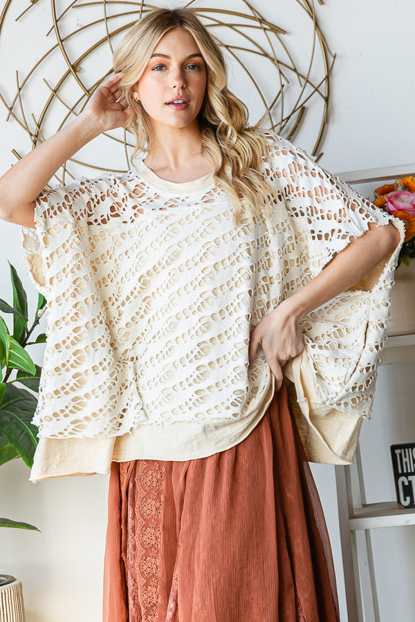 WASHED CROCHET LAYERED KNIT TOP