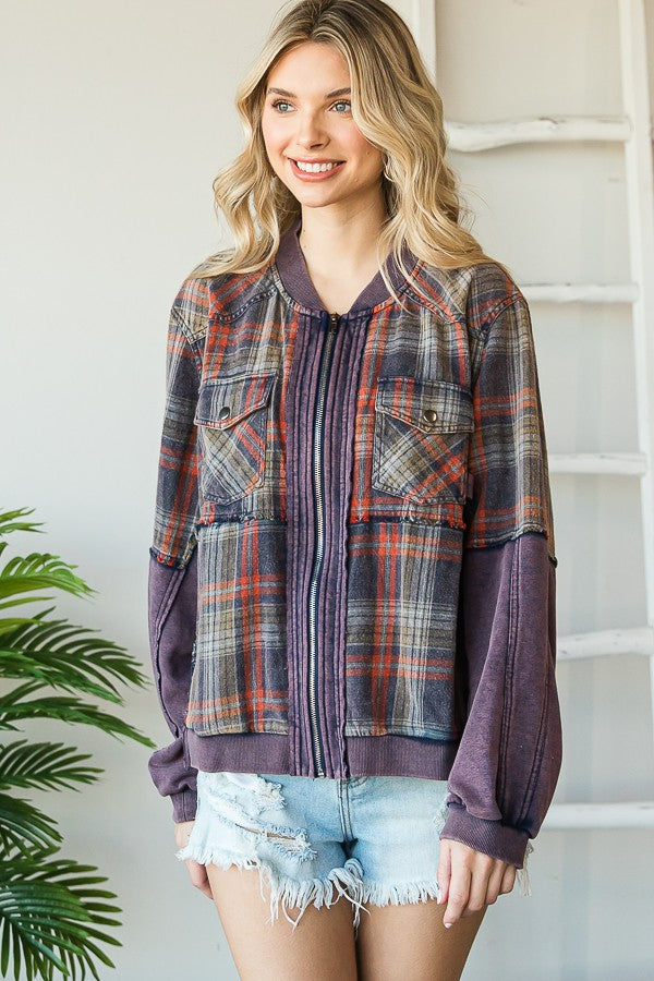 WASHED MIXED MEDIA PLAID ZIP FRONT JACKET