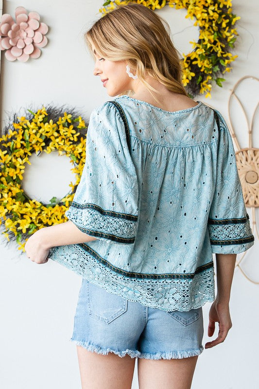 WASHED EYELET LACED BABYDOLL TOP