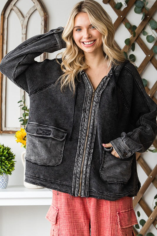 WASHED ZIP FRONT HOODED WAFFLE JACKET