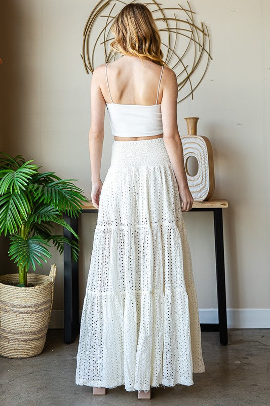 MINERAL WASHED EYELET TIERED MAXI SKIRT