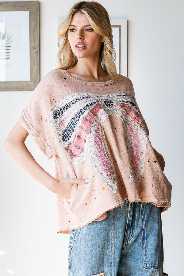 PAINT SPLATTER DETAIL RIBBON PATCHWORK TOP