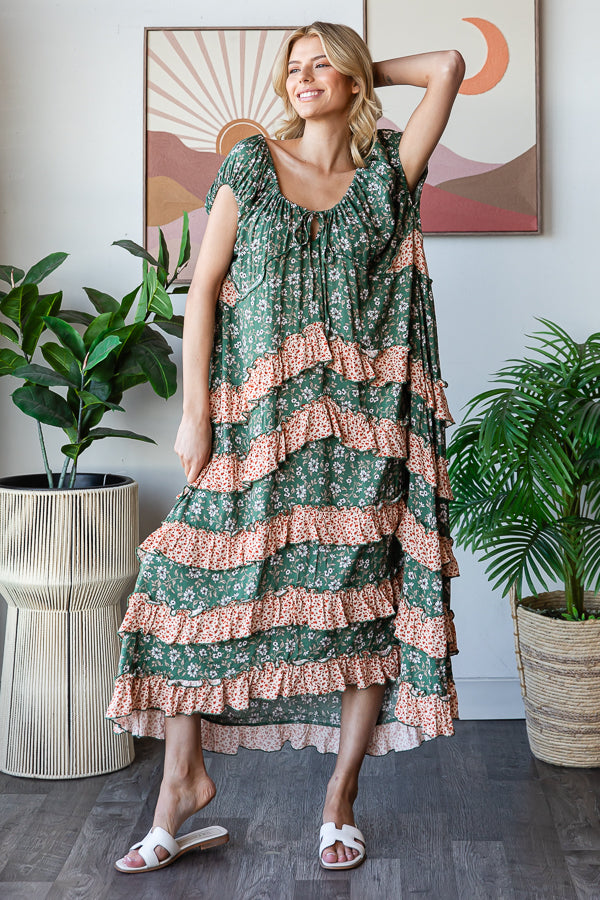 FLORAL PRINTED LAYERED RUFFLE MAXI DRESS
