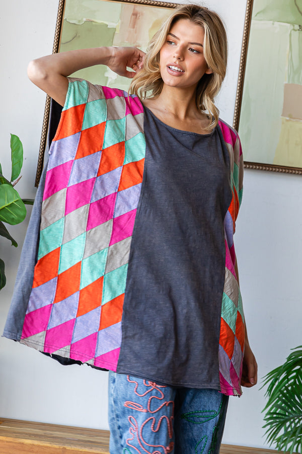 WASHED MULTICOLOR GEO PATCHWORK OVERSIZED TOP