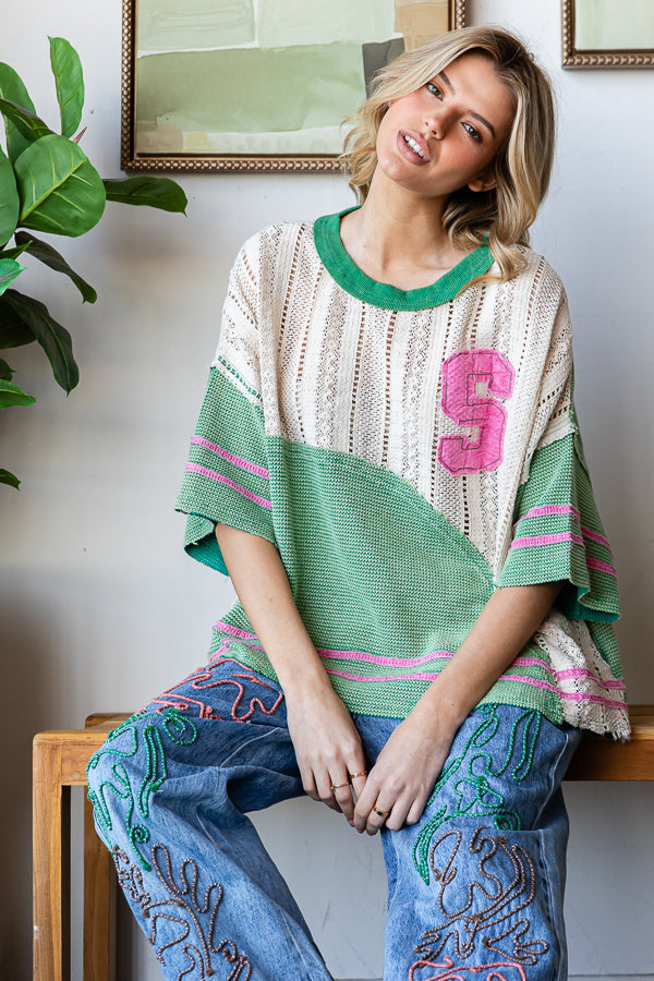 WASHED COLORBLOCK SWEATER KNIT DROP SHOULDER TOP